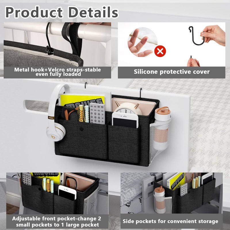 Edudif Bedside Caddy Bedside Organizer with Fixed Straps & Water Bottle Holder, Bunk Bed Caddy ideal for Home, Dorm, Hospital, Crib, Versatile Bedside Storage Solution (Black) - Image 4